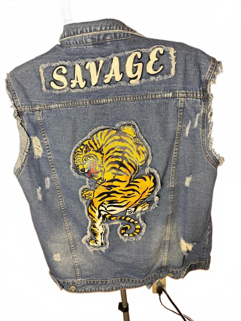 Victorious Sz XL Distressed Denim Vest with 'Savage' Patch and Tiger Graphic